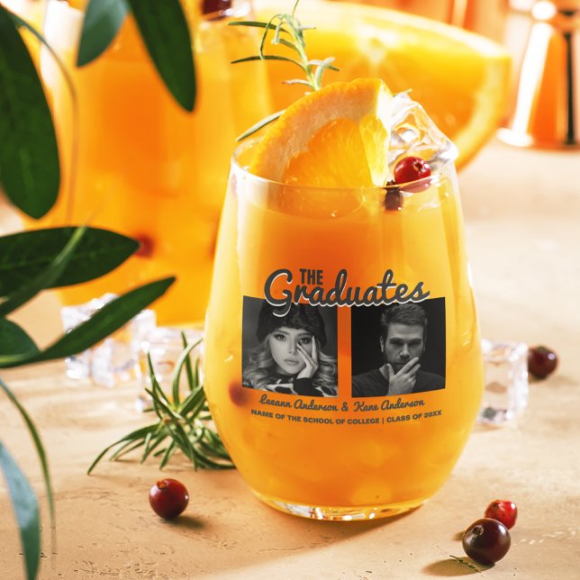 The graduates | 2 Sided Double Graduation Party Stemless Wine Glass (Creator Uploaded)