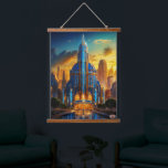The Grand Art Deco Blue Plaza Pavilion by Xzendor7 Hanging Tapestry<br><div class="desc">The Grand Art Deco Blue Plaza Pavilion AI Concept Art by Xzendor7; illuminated by the golden glow of the setting sun,  accented by the glorious architectural skyline of glass and steel.</div>