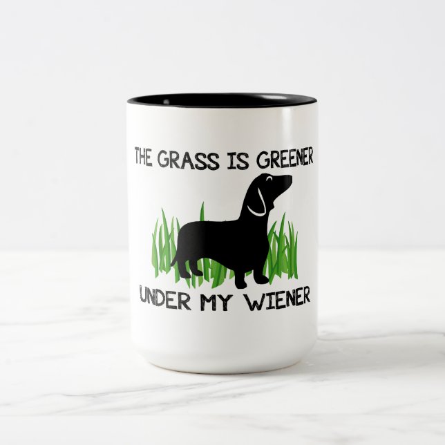 The Grass is Greener Under My Wiener Hot Dog Two-Tone Coffee Mug (Center)