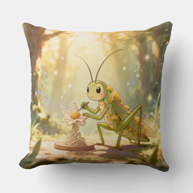 The Grasshopper and the Nectar Artwork.1 Throw Pillow (Front)