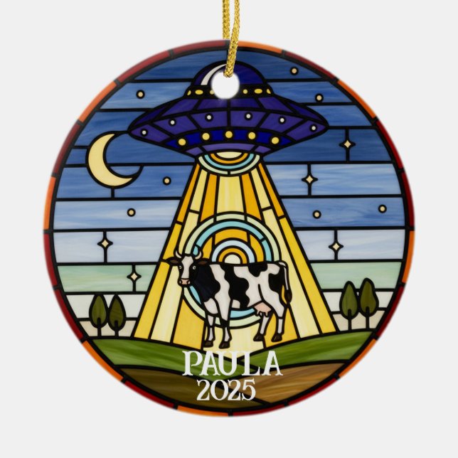 The Great Cow Abduction: Retro Stained Glass UFO  Ceramic Ornament (Front)