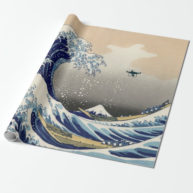 The Great Drone Wave Off Kanagawa Wrapping Paper (Unrolled)