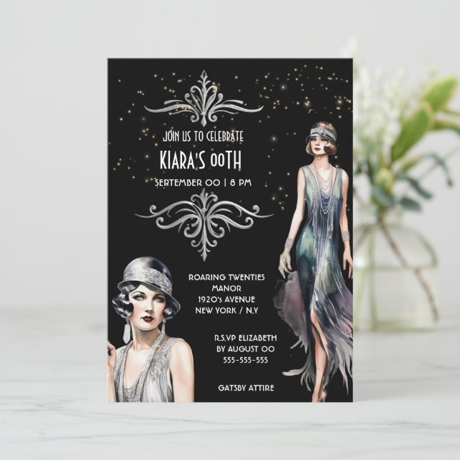 The Great Gatsby black silver flappers art deco Invitation (Standing Front)