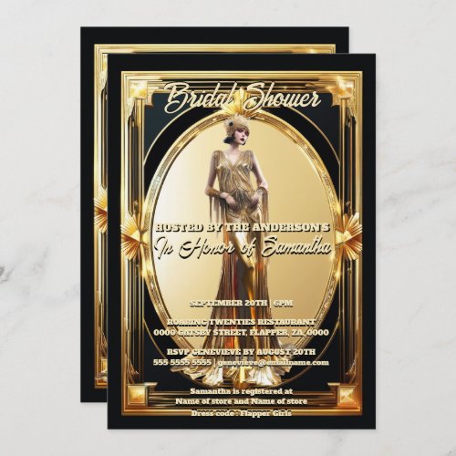 The Great Gatsby flapper girl retro gold frame  Invitation