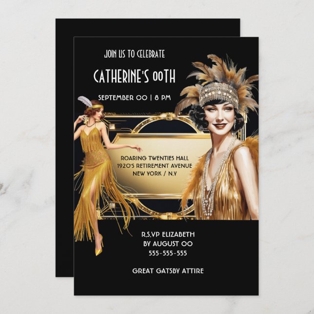 The Great Gatsby flapper girls black gold birthday Invitation (Front/Back)