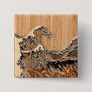 The Great Hokusai Wave Bamboo Wood Grain Style Button
