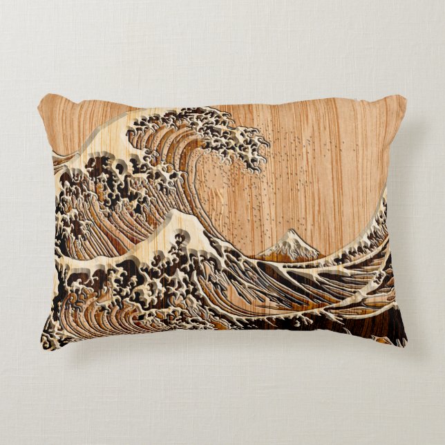 The Great Hokusai Wave Bamboo Wood Grain Style Decorative Pillow (Front)