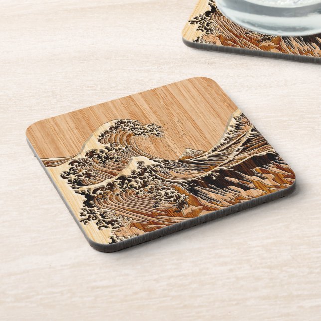 The Great Hokusai Wave Bamboo Wood Grain Style Drink Coaster (Left Side)