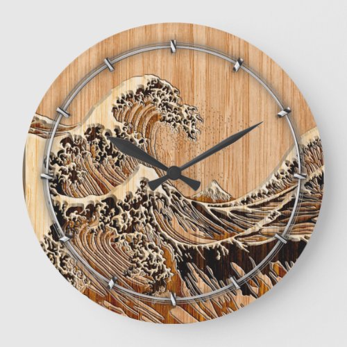 The Great Hokusai Wave Bamboo Wood Grain Style Large Clock