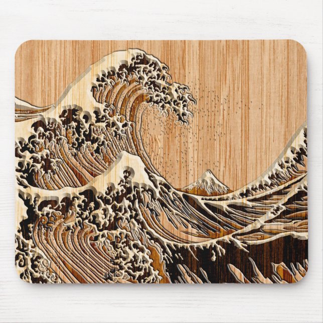 The Great Hokusai Wave Bamboo Wood Grain Style Mouse Pad (Front)