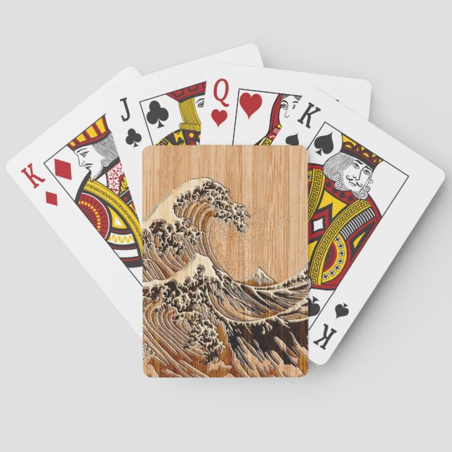 The Great Hokusai Wave Bamboo Wood Grain Style Poker Cards (Back)