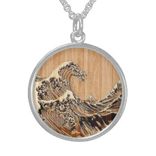 The Great Hokusai Wave Bamboo Wood Grain Style Sterling Silver Necklace