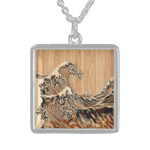 The Great Hokusai Wave Bamboo Wood Grain Style Sterling Silver Necklace