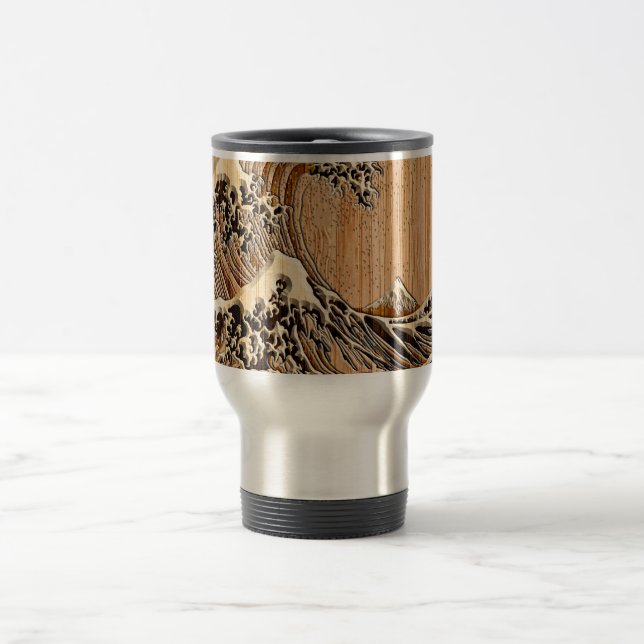 The Great Hokusai Wave Bamboo Wood Grain Style Travel Mug (Center)