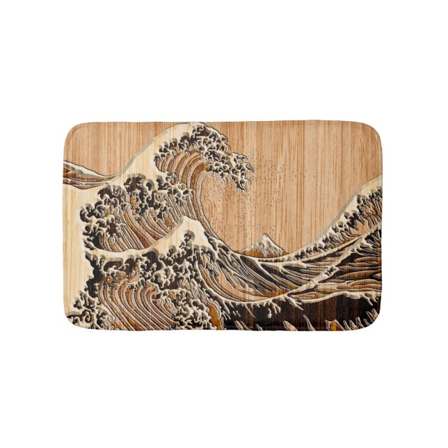 The Great Hokusai Wave Bamboo Wood Inlay Style Bathroom Mat (Front)