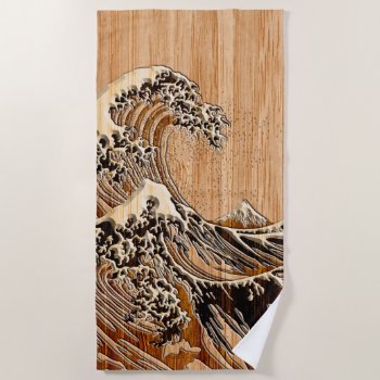 The Great Hokusai Wave Bamboo Wood Inlay Style Beach Towel by CaptainShoppe at Zazzle