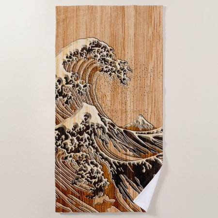 The Great Hokusai Wave Bamboo Wood Inlay Style Beach Towel