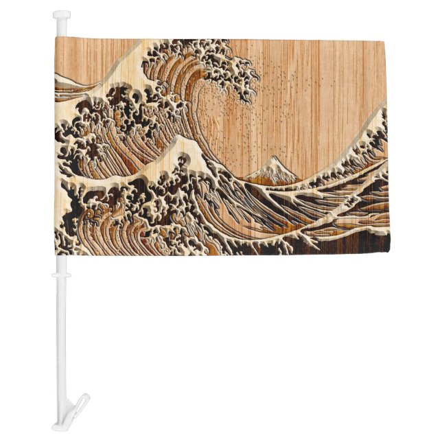 The Great Hokusai Wave Bamboo Wood Inlay Style Car Flag (Front)