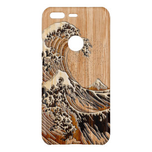The Great Hokusai Wave Bamboo Wood Inlay Style on Uncommon Google Pixel Case
