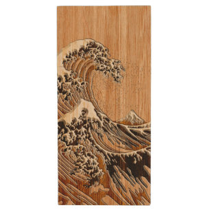 The Great Hokusai Wave Bamboo Wood Inlay Style USB Flash Drive