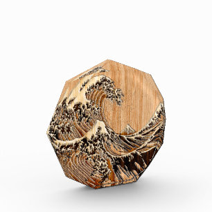 The Great Hokusai Wave Bamboo Wood Style Accent Acrylic Award