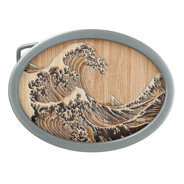 The Great Hokusai Wave Bamboo Wood Style Accent Belt Buckle (Front)