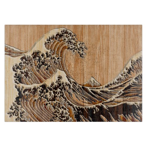 The Great Hokusai Wave Bamboo Wood Style Accent Cutting Board