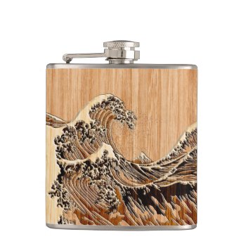 The Great Hokusai Wave Bamboo Wood Style Accent Hip Flask by CaptainShoppe at Zazzle