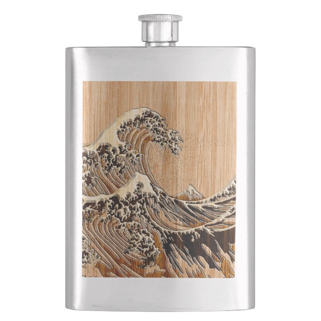The Great Hokusai Wave Bamboo Wood Style Accent Hip Flask (Front)