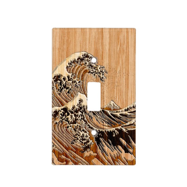 The Great Hokusai Wave Bamboo Wood Style Accent Light Switch Cover (Front)