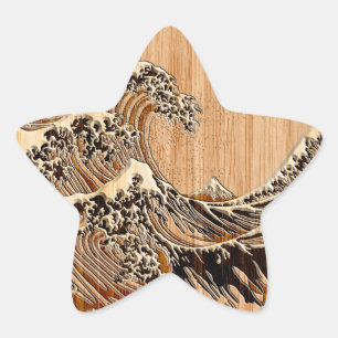 The Great Hokusai Wave Bamboo Wood Style Accent Star Sticker