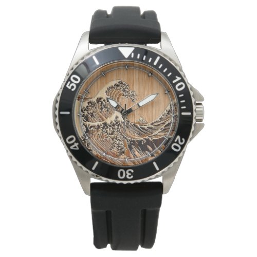 The Great Hokusai Wave Bamboo Wood Style Accent Watch