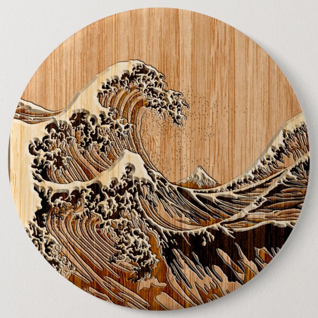 The Great Hokusai Wave Bamboo Wood Style Button (Front)