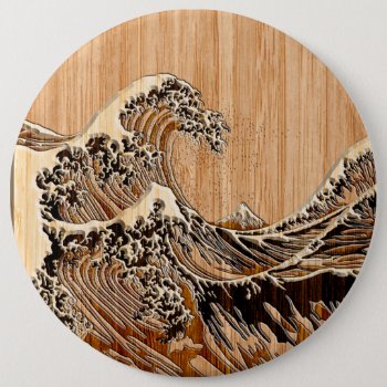 The Great Hokusai Wave Bamboo Wood Style Button by CaptainShoppe at Zazzle