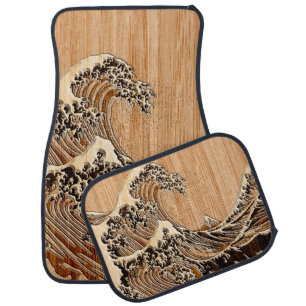 The Great Hokusai Wave Bamboo Wood Style Car Floor Mat