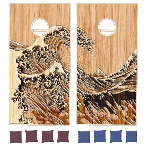 The Great Hokusai Wave Bamboo Wood Style Cornhole Set