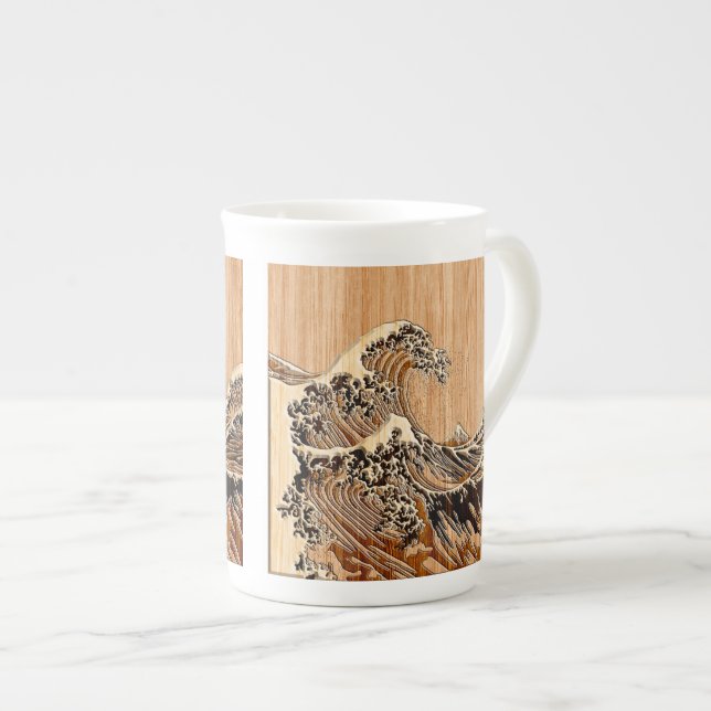 The Great Hokusai Wave Bamboo Wood Style decor Bone China Mug (Front Right)