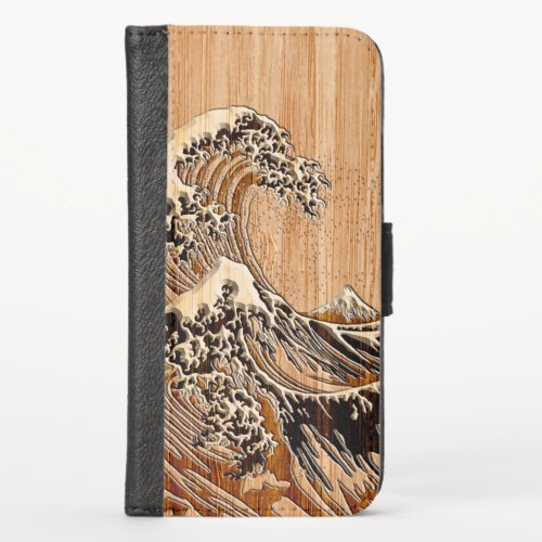 The Great Hokusai Wave Bamboo Wood Style decor iPhone XS Wallet Case