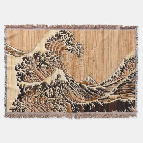 The Great Hokusai Wave Bamboo Wood Style decor Throw Blanket