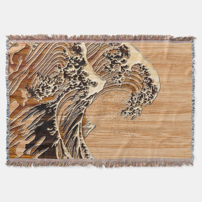 The Great Hokusai Wave Bamboo Wood Style decor Throw Blanket (Front)