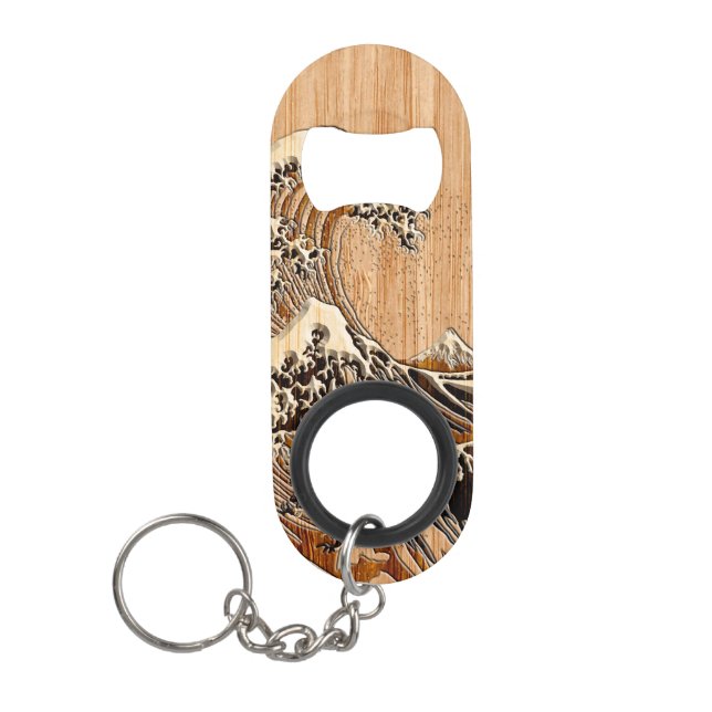 The Great Hokusai Wave Bamboo Wood Style Keychain Bottle Opener (Front)