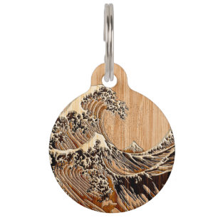 The Great Hokusai Wave Bamboo Wood Style Pet ID Tag