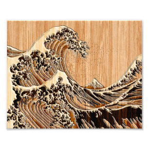 The Great Hokusai Wave Bamboo Wood Style Photo Print