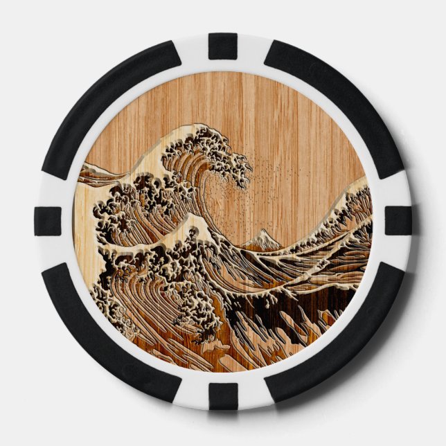 The Great Hokusai Wave Bamboo Wood Style Poker Chips (Front)