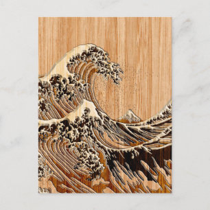 The Great Hokusai Wave Bamboo Wood Style Postcard