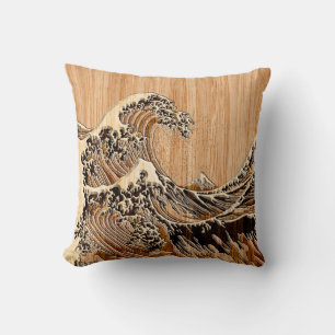 The Great Hokusai Wave Bamboo Wood Style Throw Pillow