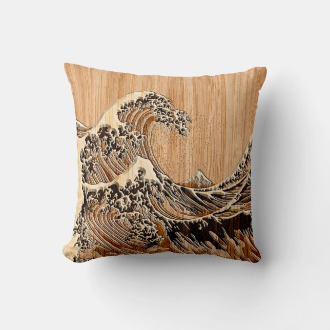 The Great Hokusai Wave Bamboo Wood Style Throw Pillow (Front)