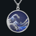 The Great Hokusai Wave Blue Styles Sterling Silver Necklace<br><div class="desc">A custom design inspired by the Great Wave of Kanagawa painted by ancient Japanese artist Hokusai. It is rendered as to look like silver chrome steel on a racy modern navy blue carbon fiber like background. Sounds good, a great skin gift idea. Use the "Ask this Designer" link to contact...</div>