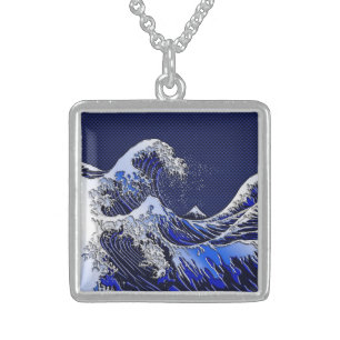 The Great Hokusai Wave Blue Styles Sterling Silver Necklace