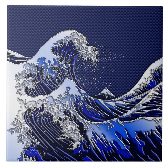 The Great Hokusai Wave Carbon Fiber Style Ceramic Tile (Front)